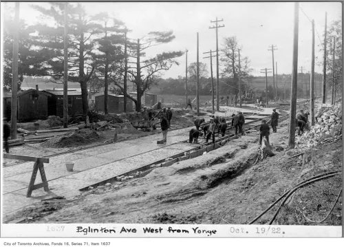A recently discovered archival photo of Yonge and Eglinton, taken in 1922, of Metrolinx beginning the first 100 years of construction on the Eglinton Crosstown LRT.