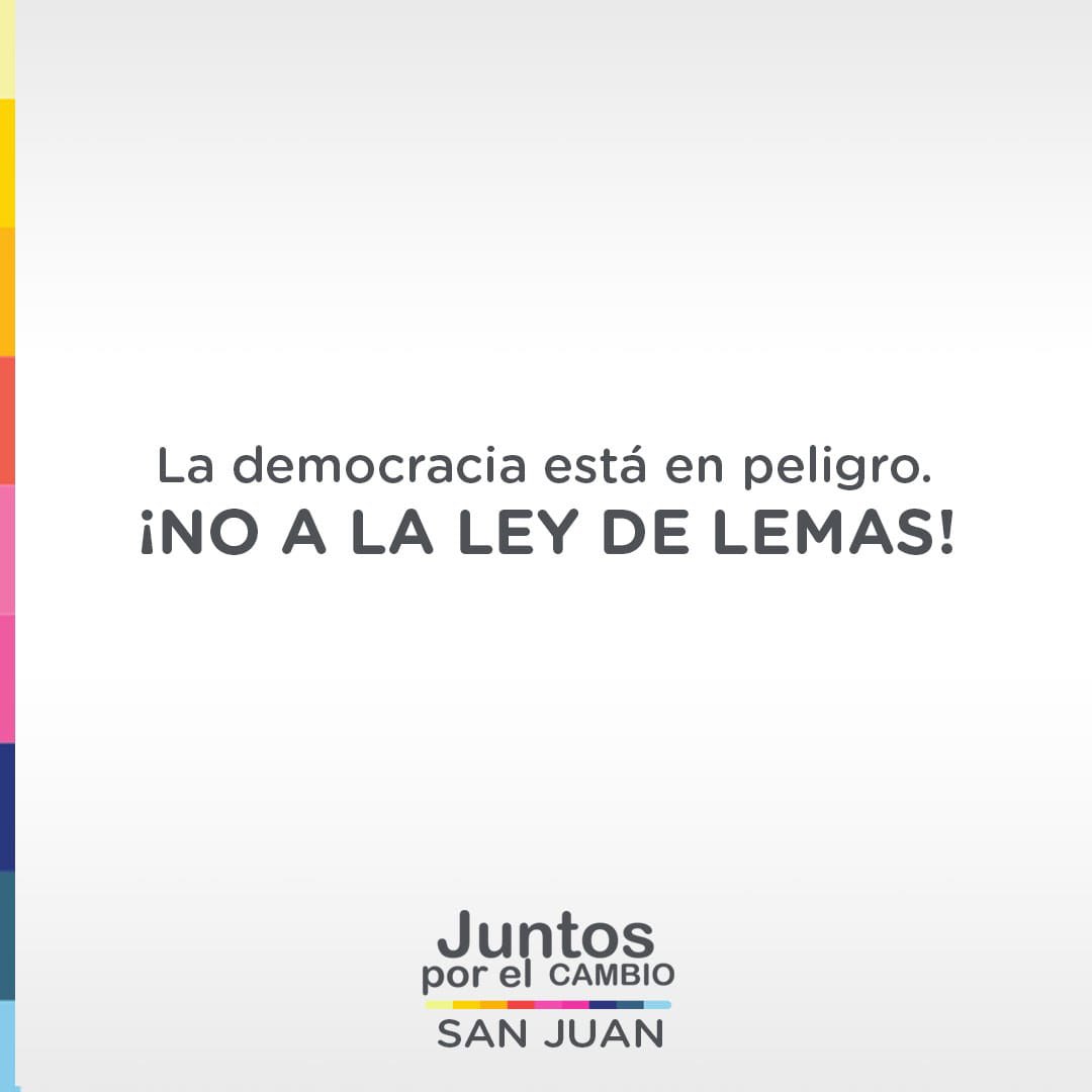 En #SanJuan le vamos a decir que NO a la Ley de Lemas que el oficialismo quiere presentar.
✅ Sería un retroceso en calidad democrática. Volveríamos a los 90
✅ Se daría la forma indirecta de elegir representantes, claramente prohibida por nuestra Constitución Provincial.