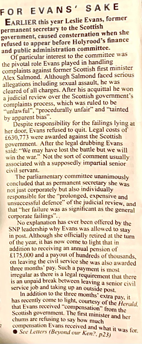 GranniJanni17's tweet photo. An excerpt from this fortnightβs Private Eye raises the question of Lesley Evans. Itβs a shame it was an English publication that brought this up because by rights it should have been the opposition in Holyrood or Scottish media to do this. Iβd love to know the answer. https://t.co/GyD9YQlLEf
