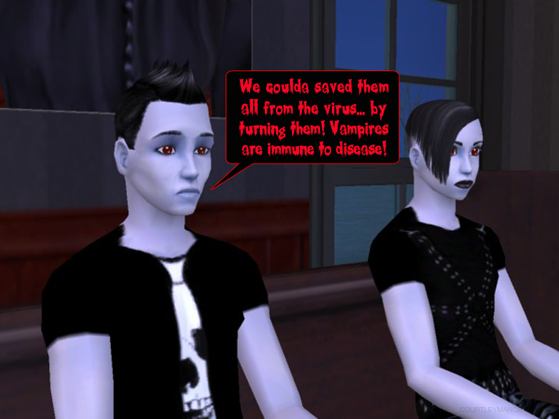 CourtleyManor's tweet photo. #CourtleyManorRecap: "An Evening in Quarantine" (1/2)
After their plans for a #vampire-themed #GothParty fall through due to the #pandemic, newly minted #vampires #DJDK, #RavenWright & #MichaelMurder are stuck in #quarantine with each other and a case of useless #Vamprocillin-D. https://t.co/LG4wKfloYx