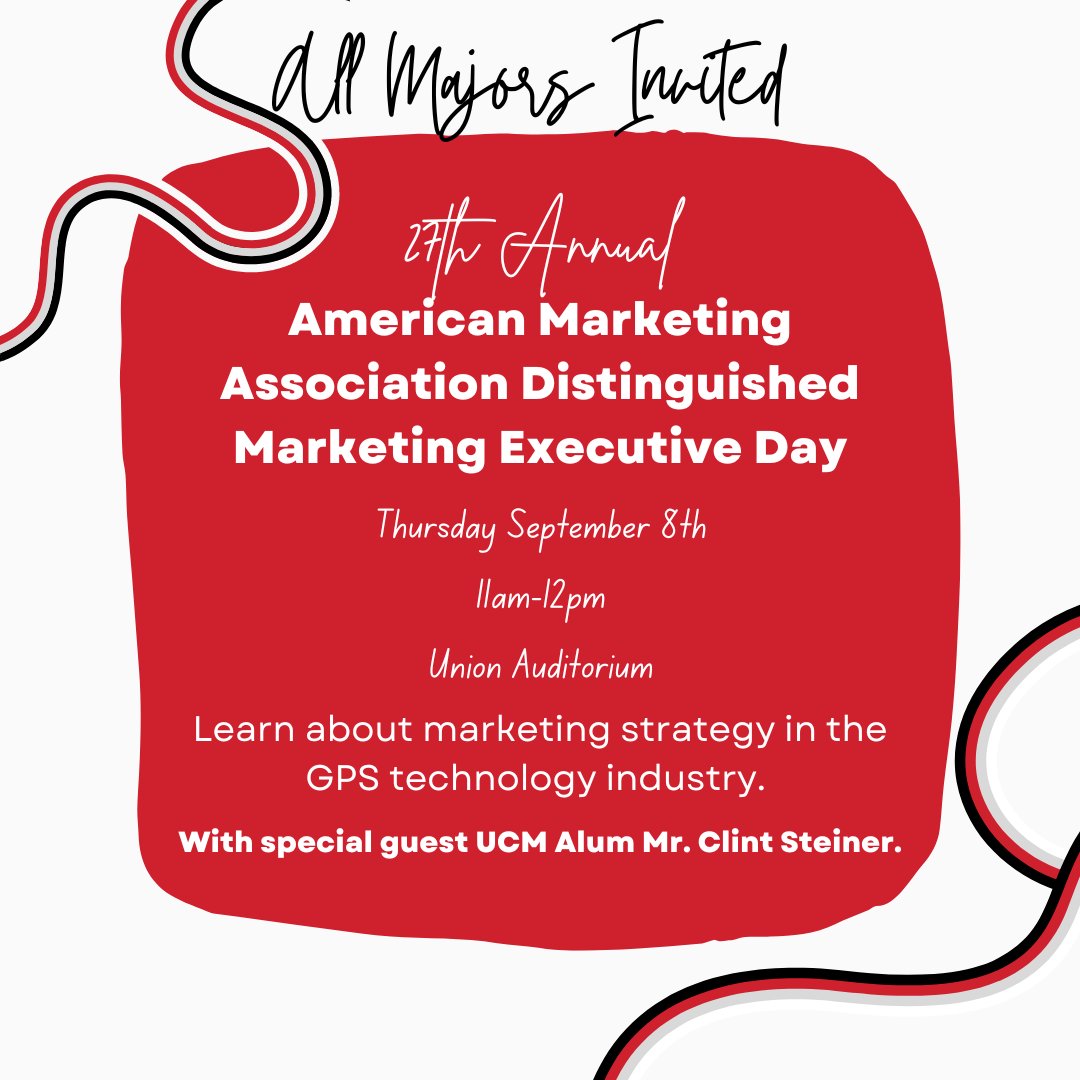 UCMHarmonEdge's tweet photo. Attention all majors! Don't miss the opportunity to hear Mr. Clint Steiner share his secrets to a successful career at the American Marketing Association Distinguished Marketing Executive Day! https://t.co/TJbEVoWJDI