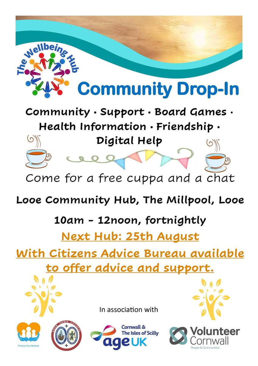LSmith8836's tweet photo. Come along to the #Looe Wellbeing Hub tomorrow at Looe Library, 10-12. Enjoy a free cuppa and chat with @CABCornwall about managing  bills and other support and help available #Communityhub #Wellbeing https://t.co/DifNXp1Rc2