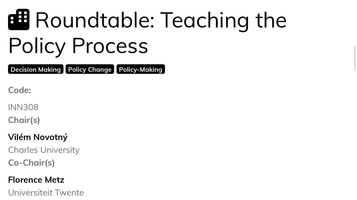 Today's <a href="/ECPR/">European Consortium for Political Research</a> panel on teaching the policy process was excellent. Many thanks to chairs Florence Metz &amp; Vilém Novotný and to panelists @chris_weible <a href="/Pzittoun/">Philippe Zittoun</a> <a href="/sofieklingner/">Sofie Klingner</a> for sharing insights on course literature, class activities, diversity, and assessments.