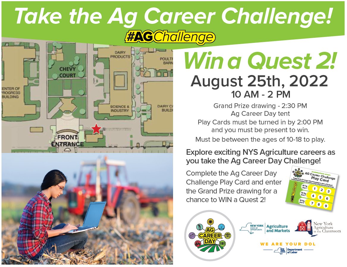 NYSLabor's tweet photo. Tomorrow is Agriculture Career Day at the @NYSFair! We’re teaming up with @nyagandmarkets + New York Agriculture in the Classroom for the #AGChallenge!
All participants aged 10-18 who complete the Ag Career Challenge will be entered into a drawing to win a Quest 2. #NYSFair https://t.co/GMNLSm2aGA