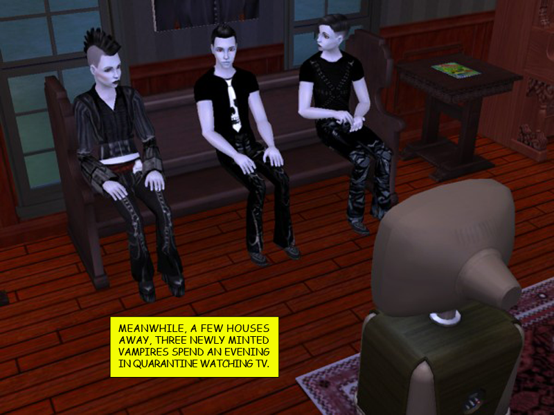 CourtleyManor's tweet photo. #CourtleyManorRecap: "An Evening in Quarantine" (1/2)
After their plans for a #vampire-themed #GothParty fall through due to the #pandemic, newly minted #vampires #DJDK, #RavenWright & #MichaelMurder are stuck in #quarantine with each other and a case of useless #Vamprocillin-D. https://t.co/LG4wKfloYx
