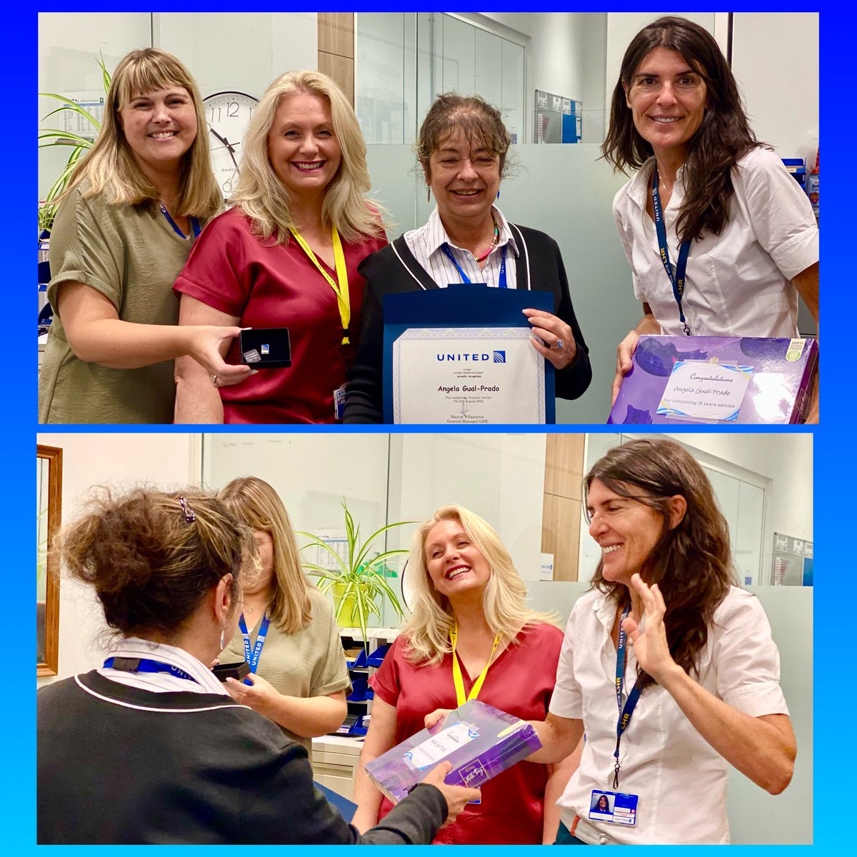 Great to have @marisaatunited & @LucyGUnited join me in presenting a well deserved 10yr milestone to our CSR Angela. Congratulations Angela from all of us @LHR. @weareunited #beingunited @aaronsmythe