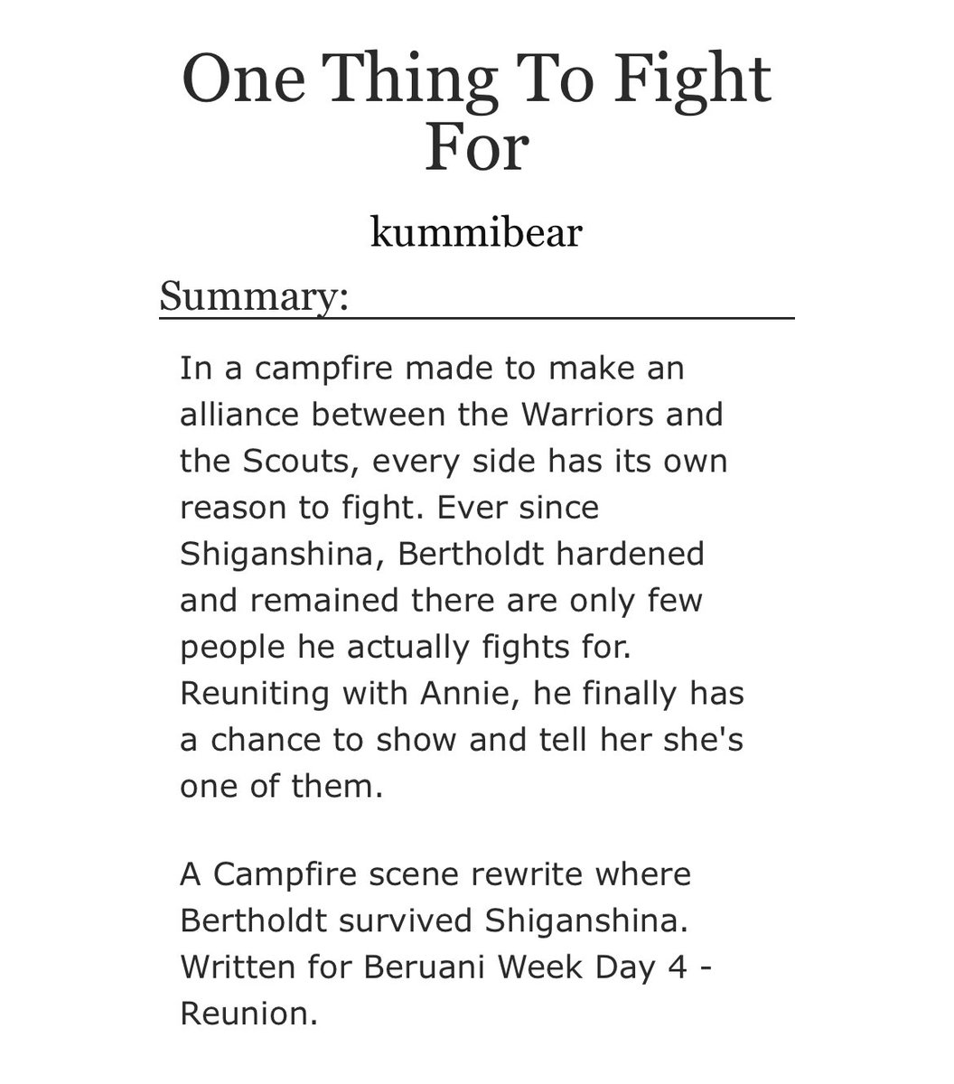 kummibear's tweet photo. 💫one thing to fight for
canon divergence, completed, hurt/comfort

written for #BeruaniWeek2022 day 4 - reunion. 
AO3 link — https://t.co/ua7L5TQaIS

#beruani #bertholdthoover #annieleonhart #aot #ShingekiNoKyojin https://t.co/SwSpDsQWuz