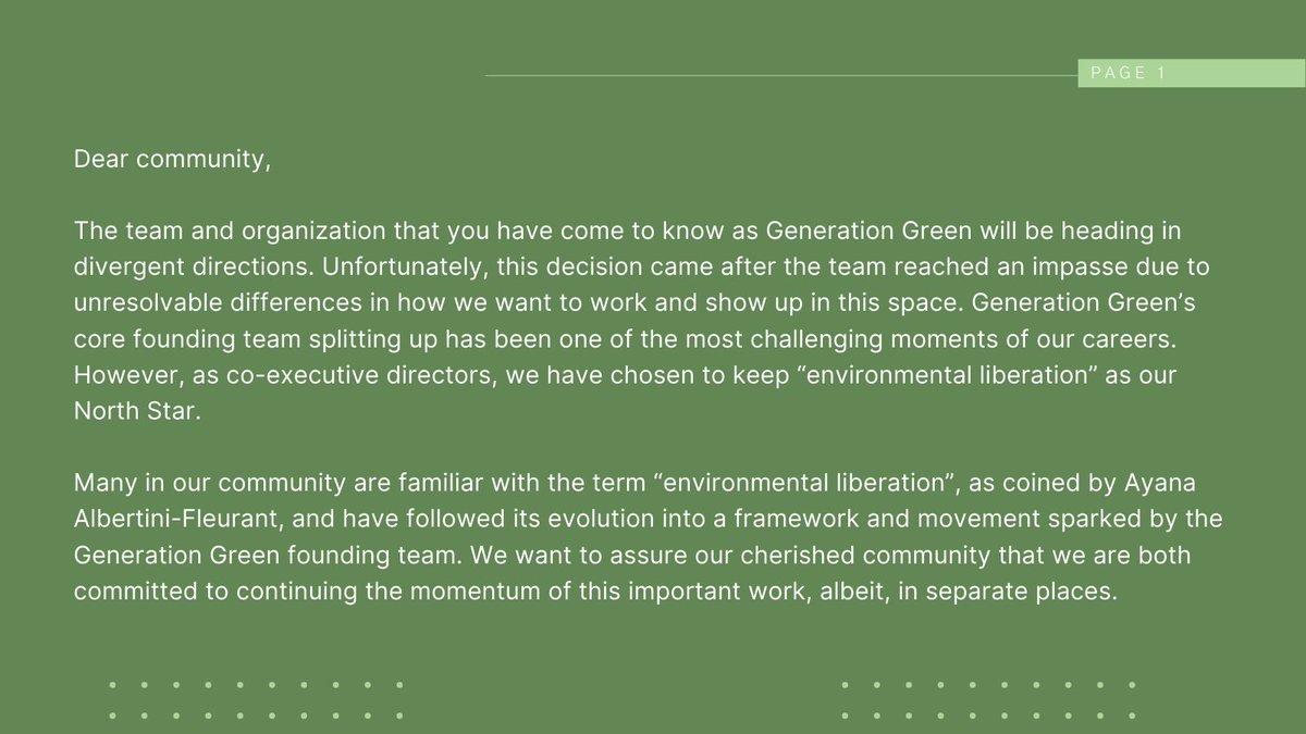 Generation__G's tweet image. Dear community, 

The team and organization that you have come to know as Generation Green will be heading in divergent directions.

We are all talented Black femmes with a radical vision for a sustainable future. We refuse to let our differences distract us from that goal.