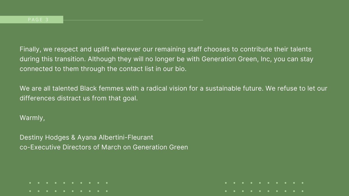 Generation__G's tweet image. Dear community, 

The team and organization that you have come to know as Generation Green will be heading in divergent directions.

We are all talented Black femmes with a radical vision for a sustainable future. We refuse to let our differences distract us from that goal.