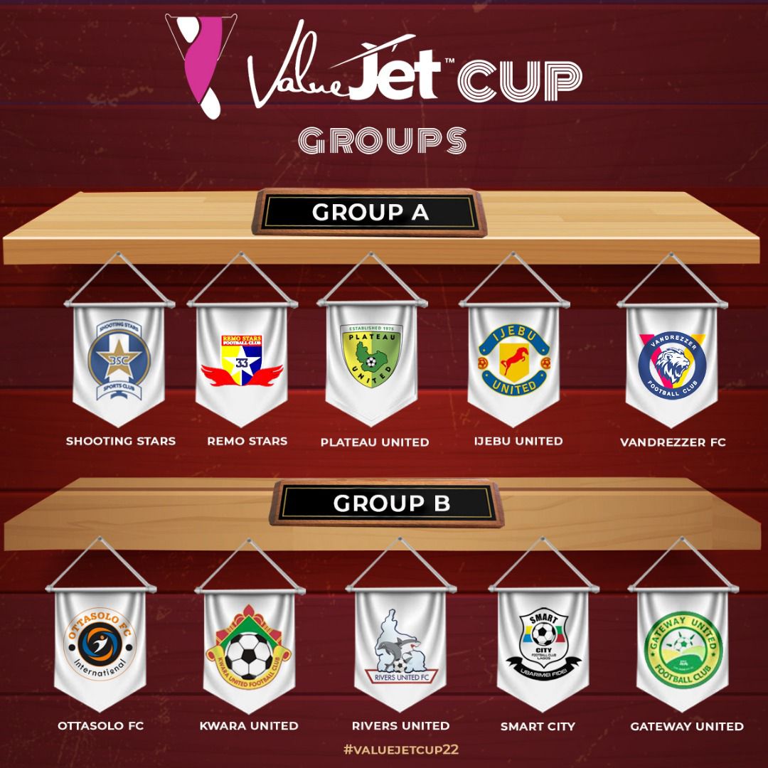 There you have it!
Groupings for the 2022 <a href="/ValueJetCup/">ValueJet Cup</a>

Group A:
<a href="/RemoStarsSC/">Remo Stars Sports Club</a>
@oluyolewarriors
<a href="/ijebuunitedfc/">IJEBU UNITED FC - #IUfcCaresStaySafe</a> 
<a href="/vandrezzerfc_/">Vandrezzer Football Club</a>
<a href="/plateau_united/">PlateauUnitedFC</a>

Group B:
<a href="/RiversUnitedFC/">Rivers United FC</a>
<a href="/KwaraUnitedFC/">Kwara United F.C.</a>
<a href="/GatewayUnitedFC/">Gateway FC</a>
<a href="/FcSmartcity/">SmartcityFC</a>
<a href="/ottasolo/">Ottasolo FC Lagos</a> 

<a href="/flyvaluejet/">ValueJet</a> 
#ValueJetCup22