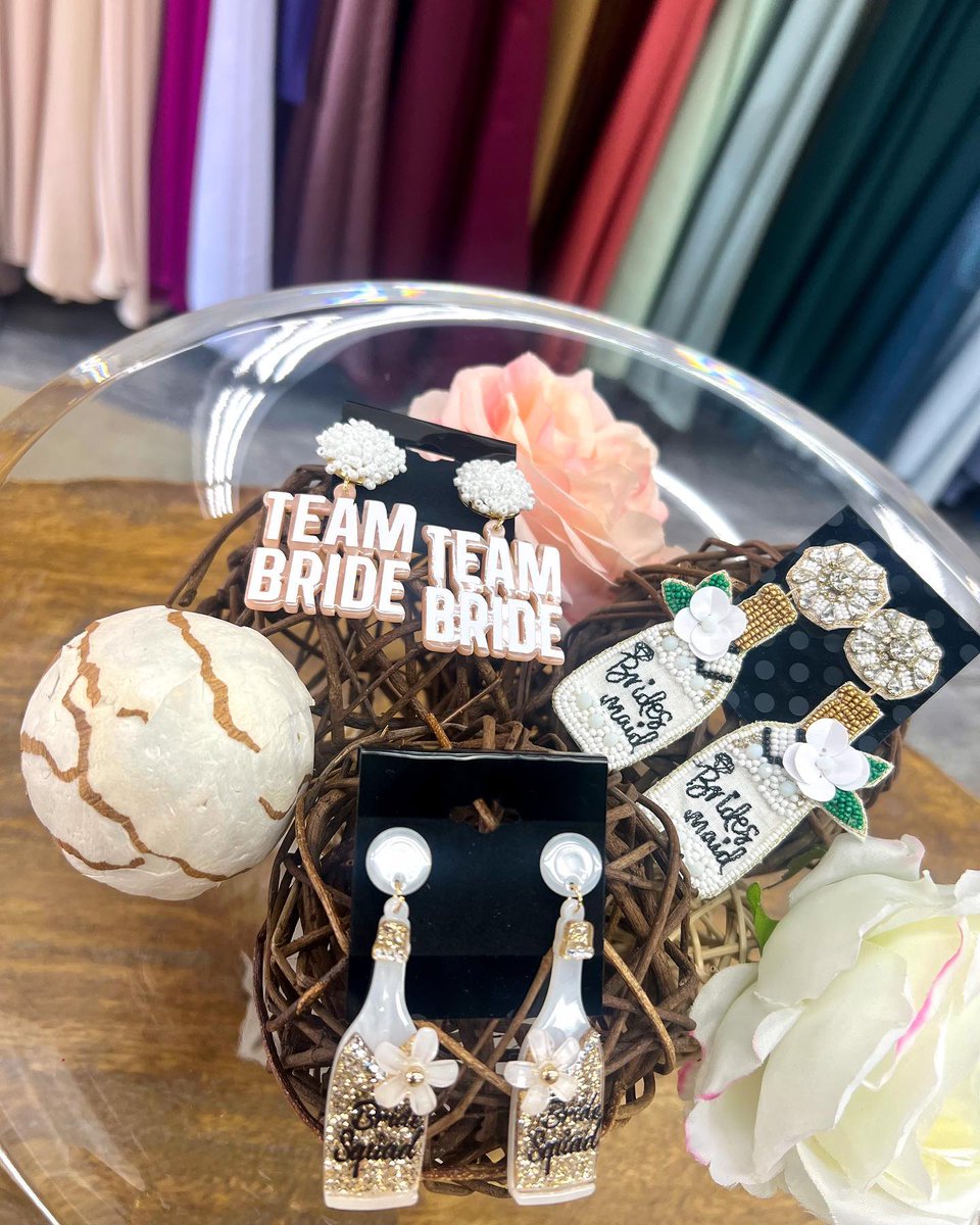 BridalandFormal's tweet photo. Don’t forget to check out our fun Bridesmaids earrings when you bring your girls in! They are the perfect accessory for your girls to wear on your bachelorette trip ✨ https://t.co/1kQb0TDp8O