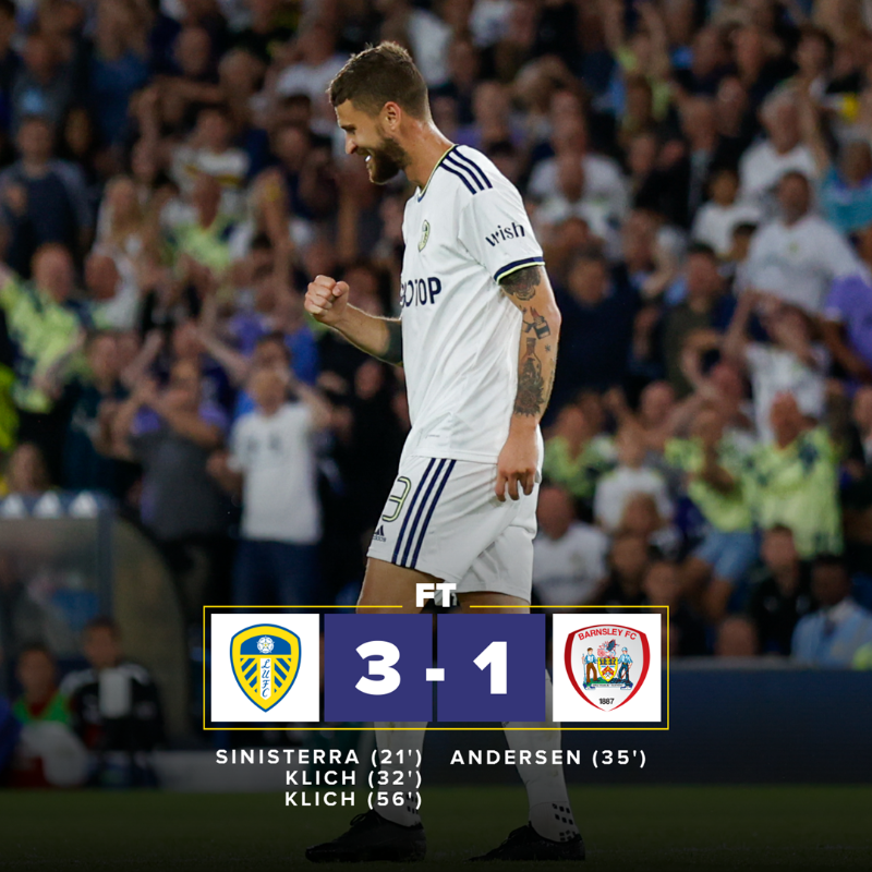 LUFC's tweet photo. 𝗙𝘂𝗹𝗹 𝗧𝗶𝗺𝗲:: A Klich brace and Sinisterra wonder goal seals our progression to the next round of the Carabao Cup