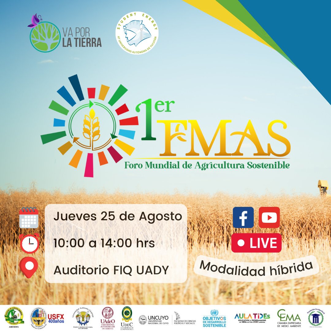 SEatUADY's tweet photo. 1° Foro Mundial de Agricultura Sostenible 🌱
🗓️ Jueves 25 de Agosto del 2022
🕙 10:00 a 14:00 hrs 
📍 Auditorio FIQ UADY

📌 Temas:
✅Conceptos claves y Tecnologías para la soberanía alimentario
✅Normatividad

🎥 Transmitido en: 
Facebook: Va por la tierra
YouTube: RIPO Mx https://t.co/JIh5e5DBcv