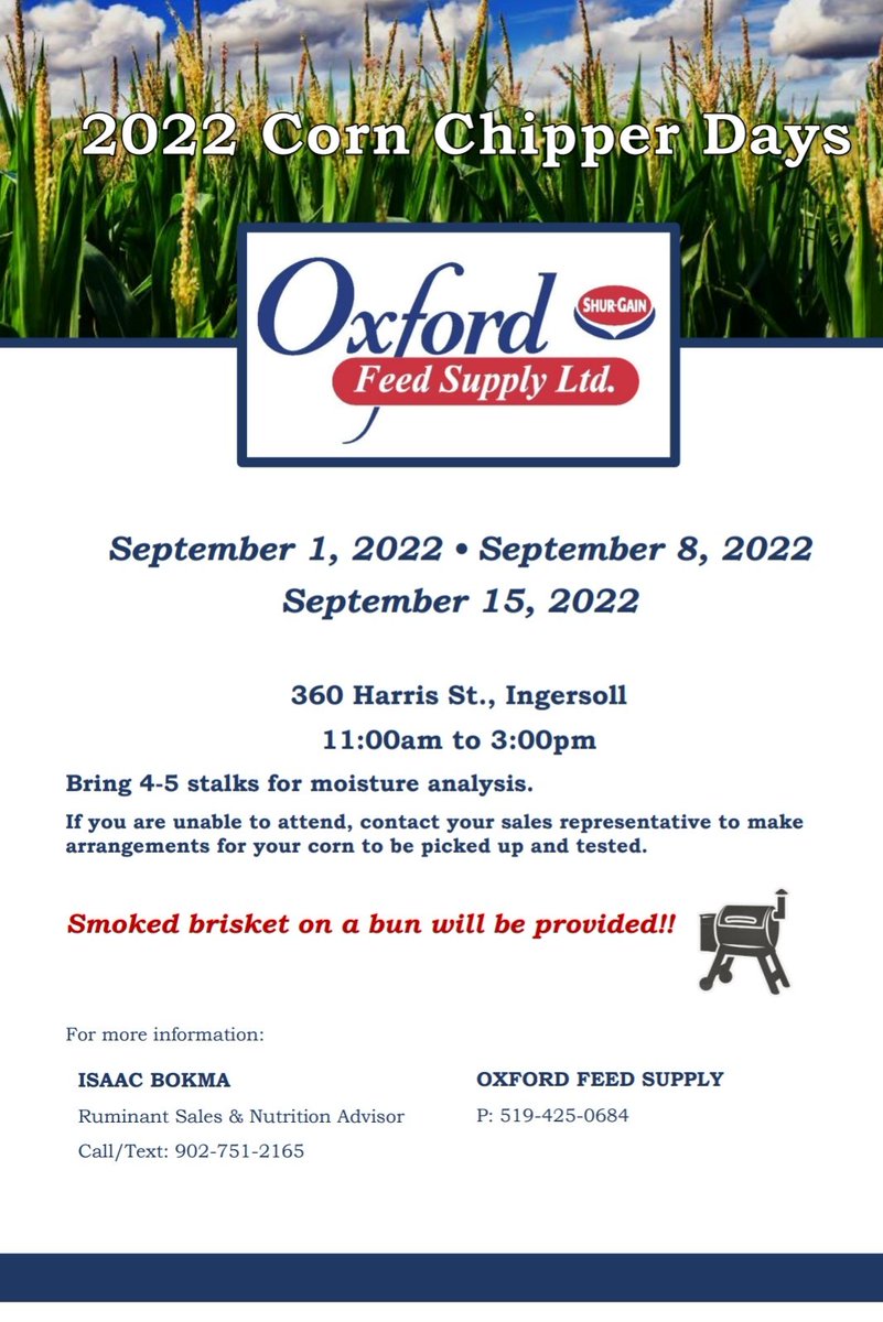Come on out! We are having our corn chipper days on September 1st, 8th, and 15th! Bring out a few stalks, and we will do a moisture test for you 🌽 We will also have smoked brisket on a bun! 🤤