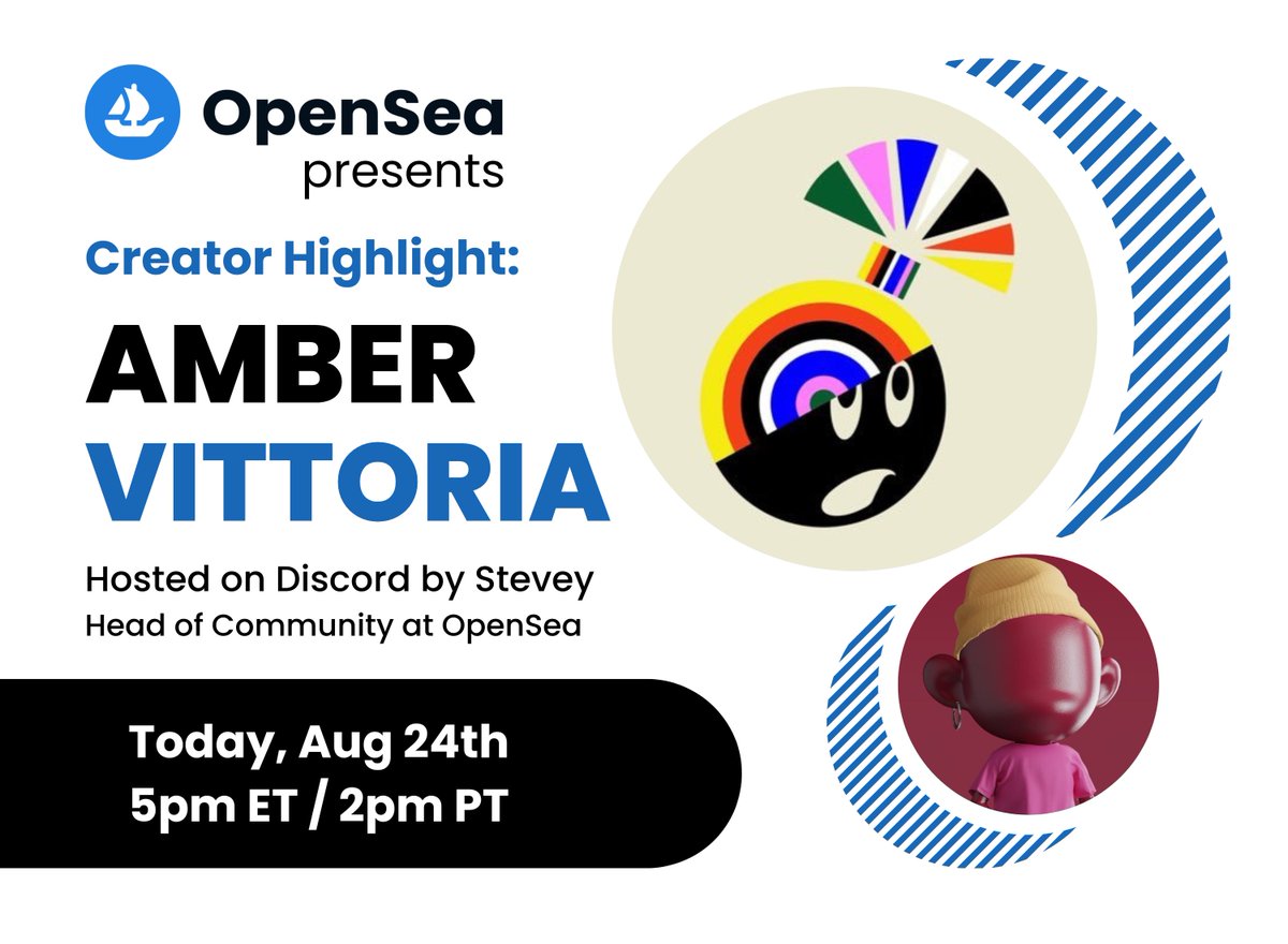 opensea's tweet photo. Starting in 3minutes, join @amber_vittoria &amp; our Head of Community @SteveyTrommm will be discussing art, NFTs, and Amber's creative journey on our Discord! Tune in! https://t.co/MPsmvJBlMu https://t.co/USxgAbpnAE