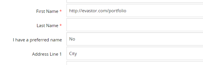 screenshot of a form online.  First Name: evastor.com/portfolio... Address Line 1: City... 