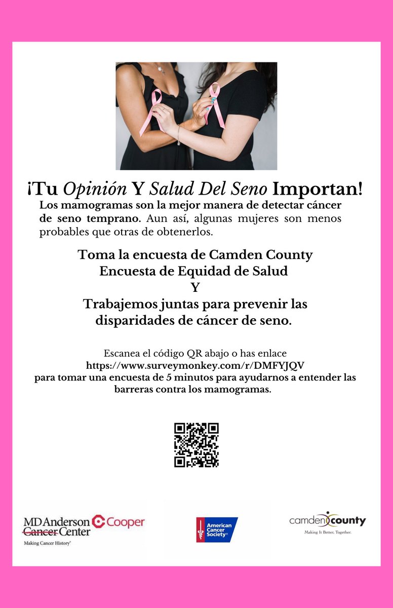 Your voice matters! Please take a few minutes to participate in the Camden County Breast Cancer Health Equity Survey to receive resources and information regarding breast cancer screenings! #SGMYH