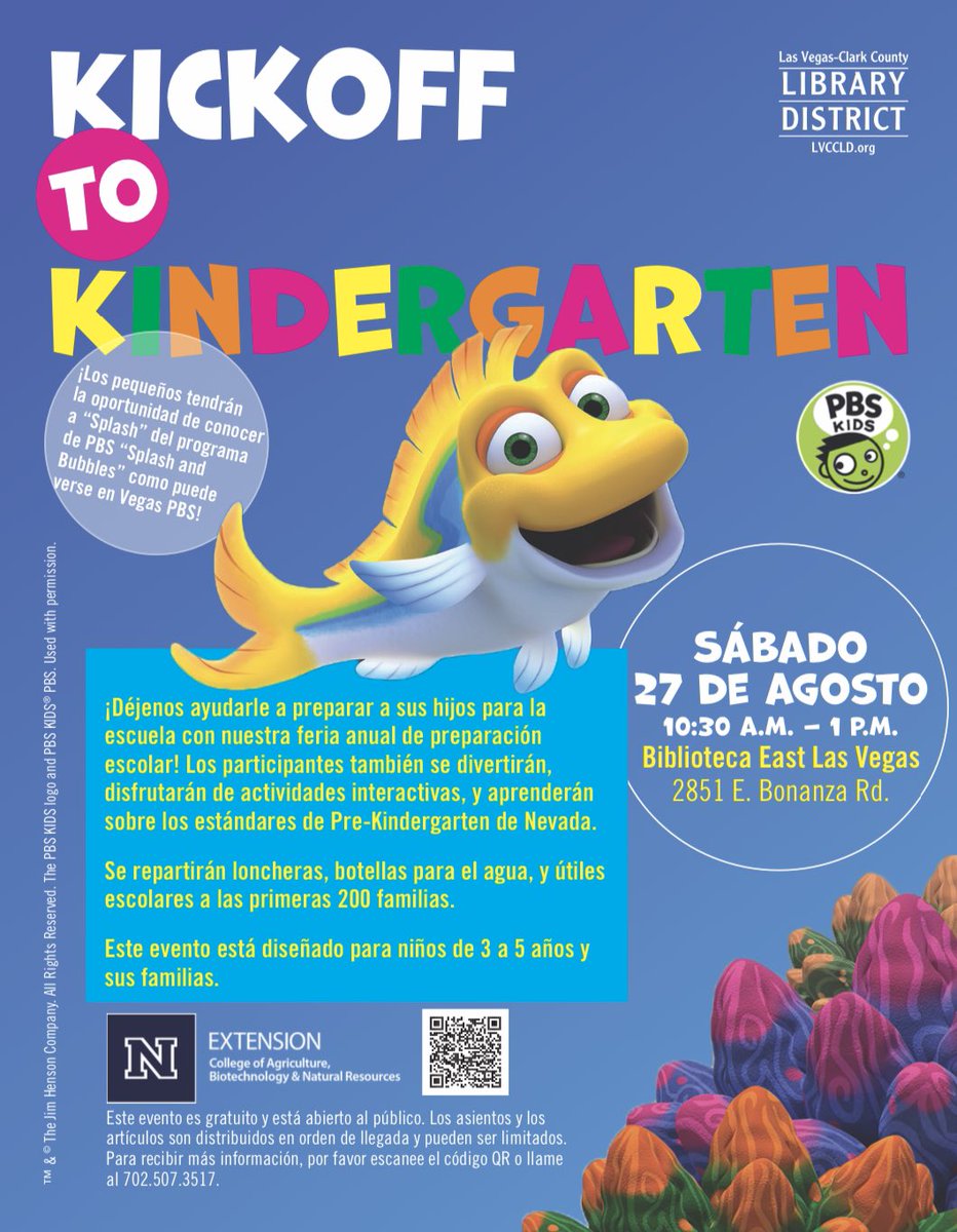 Familia de Booker,
Si usted o alguien que conoce tiene un hijo de 3 a 5 años, <a href="/LVCCLD/">Las Vegas-Clark County Library District</a> los invita a unirse a ellos este sábado 27 de agosto para un evento divertido e informativo.