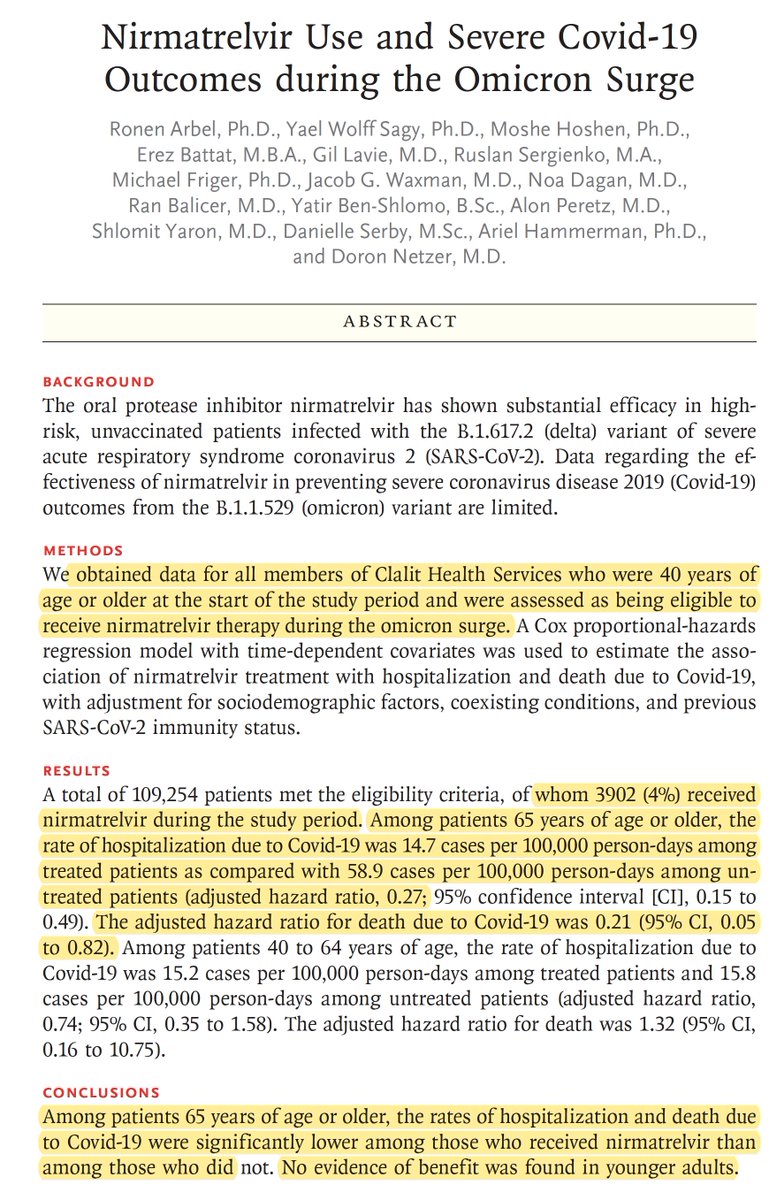 EricTopol's tweet photo. Just published @NEJM 
A marked reduction of death (~80%) and hospitalization  (~70%) for Paxlovid in people age 65+ during the Omicron wave in Israel, not seen in the 40-64 year age group
https://t.co/1fmfcbI6ux https://t.co/ghEatkxtFc