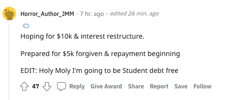 arlenparsa's tweet photo. You don't see this very much on Twitter but folks on the r/StudentLoans subreddit are crying tears of joy today https://t.co/5A7CifZ44X