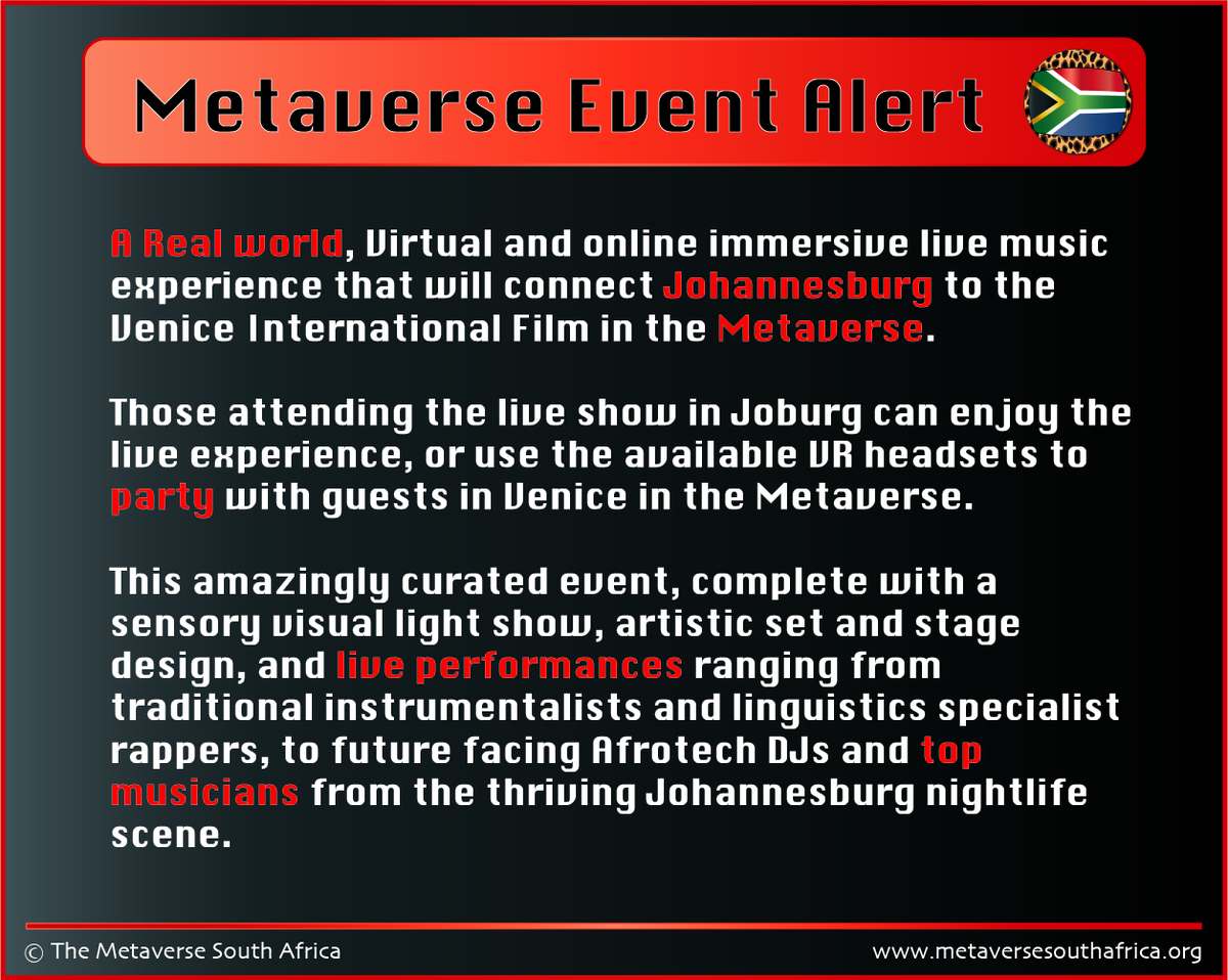 MetaverseSA's tweet photo. If you can make it to Jozi in September, we've found a really cool event for you check out!  It's a collaboration between @intotheSoda and @la_Biennale 

Get your tickets here 👉👉 https://t.co/qnFnx9o6o1 https://t.co/rj9Bs6YrQX