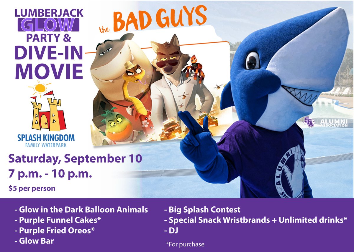 sfa_alumni's tweet photo. Visit https://t.co/yBRlw043Vy to register.

Purple fried Oreos AND purple funnel cakes with a Lumberjack Glow Party &amp; Dive-In Movie?! Yes, please!

Be sure and make plans for September 10 at 7 p.m. at Splash Kingdom Timber Falls - Nacogdoches! We look forward to seeing you soon! https://t.co/bx3hPIedbH