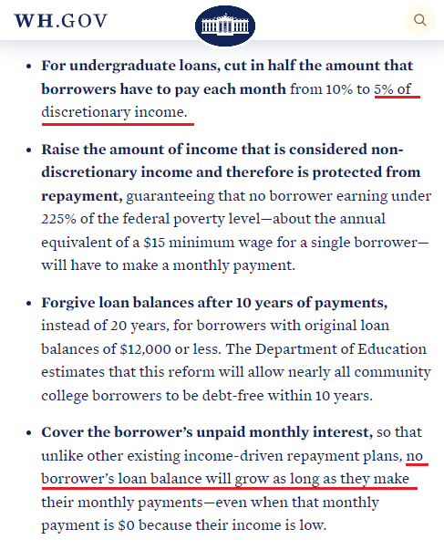 The two big takeaways from the student loan announcement:
1. Monthly payments are capped to 5% of discretionary income.
2. No interest accrual with monthly payments, effectively canceling interest so you only pay the principal.
This is huge for millions of low income Americans.