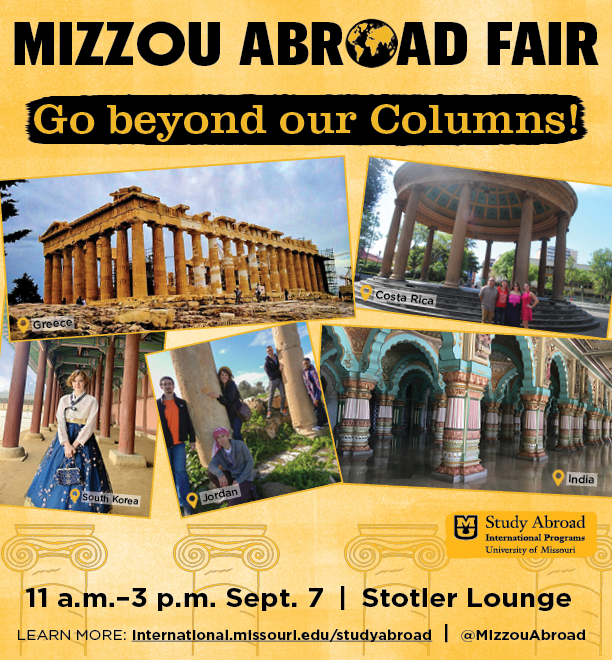 MizzouAbroad's tweet photo. Hey @mizzou students!
It's time for the 25th annual Mizzou Abroad Fair! Mark your calendars and don't miss this event: 11 a.m.–3 p.m. Sept. 7 in Stotler Lounge, Memorial Union!
Explore programs, talk to returning students, meet program leaders and MORE!
https://t.co/P4cfnziOUb https://t.co/QZs1PEFibt