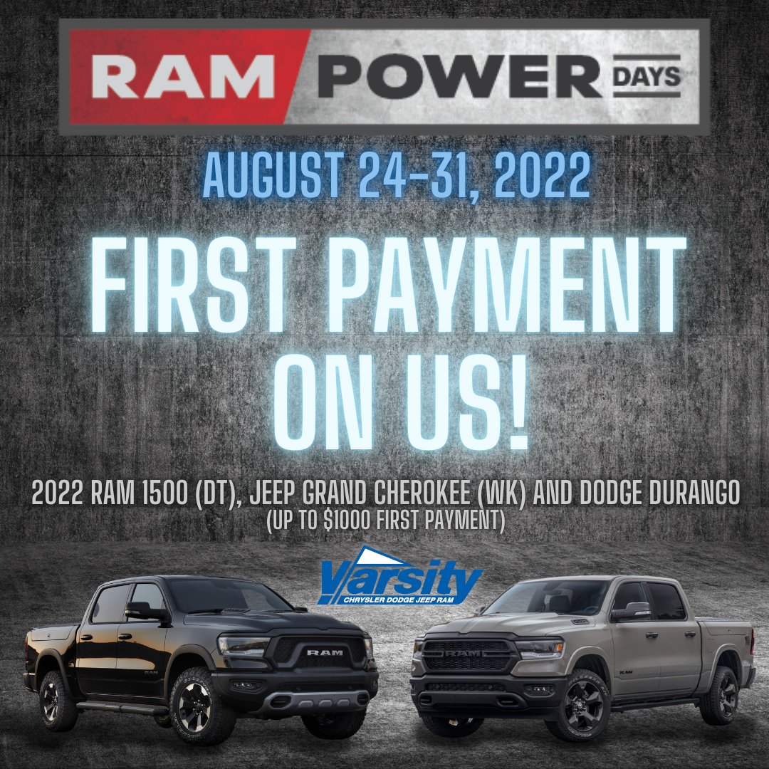 varsitycdj's tweet photo. Come visit us! Starting today till the end of the month, the first payment is on us!! We have a ton of inventory for you to choose from! #Rampower #YYC #YYCdealer #YYCsale https://t.co/YFC6yV6ZgB