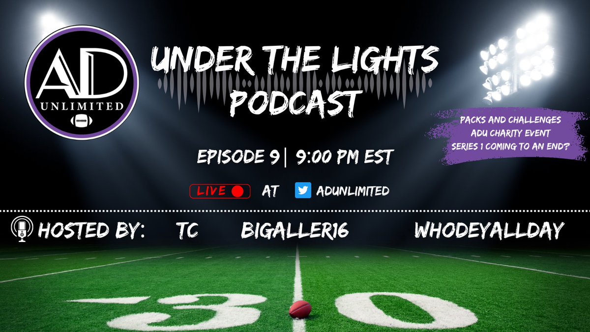 AllDayUnlimited's tweet photo. ADU: Under the Lights Episode 9 comes to you live tonight at 9 PM EST. Join @Knate_B, @milehighsalute8, and @Bigaller16 to discuss the recent packs/challenge, S1 ending soon spec, ADU charity event, and special guest appearance from ADU member @NFTDiamond.  On Spaces and YouTube. https://t.co/lCelijA4e5