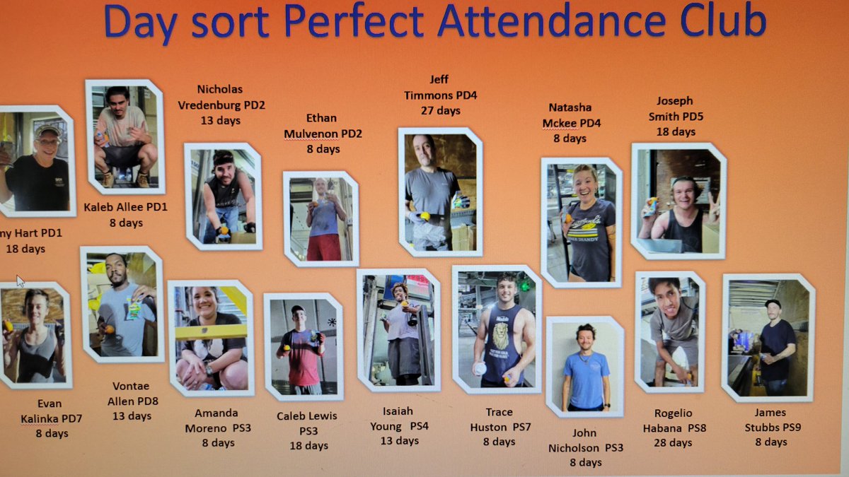 Shout out to these new daysort employees who have attained perfect attendance so far. Today they received snacks to recognize their hard work.
<a href="/bgtighe/">Brian Tighe</a> 
<a href="/tannercain98/">Tanner Cain</a> 
<a href="/CourtneyBarham2/">Courtney Barham</a> 
<a href="/TegtmeierChad/">Chad Tegtmeier</a>