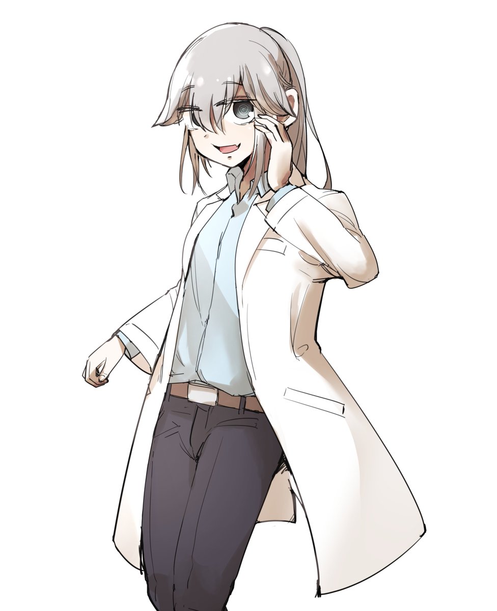 1girl solo labcoat grey eyes white background simple background pants  illustration images