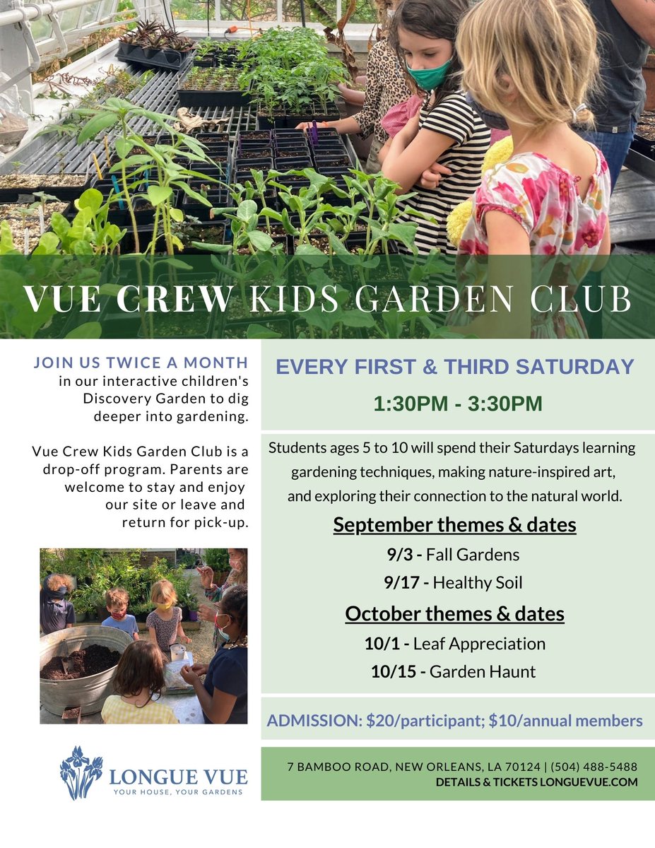 Sprouts and Vue Crew return to our gardens Saturday, September 3! 

Join us for garden-based learning opportunities in our interactive children's Discovery Garden.

Sprouts (ages 0-4): bit.ly/3PH01G0

Vue Crew (5-10): bit.ly/3Cu6IIo