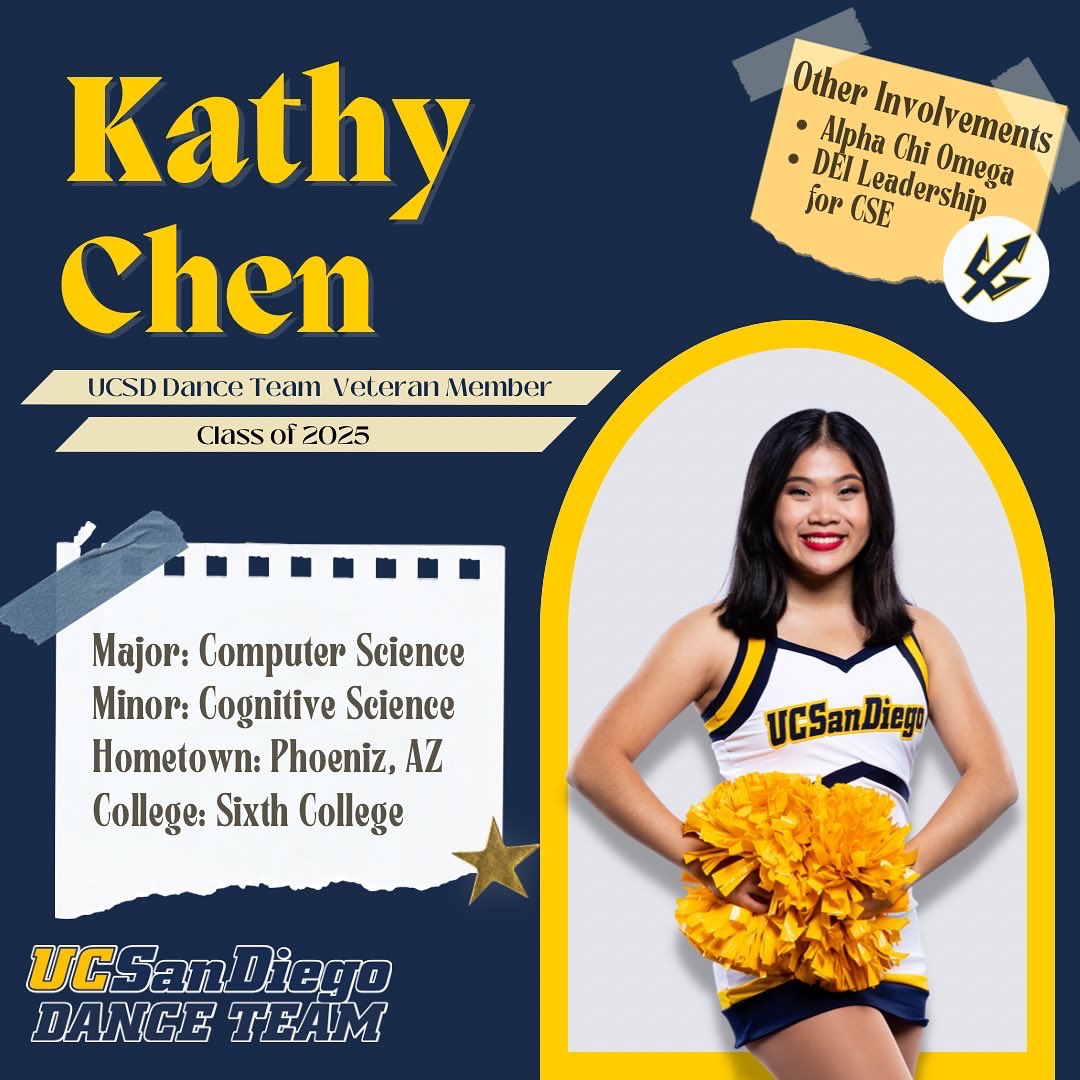 UCSDDanceTeam's tweet photo. 💙MEET THE TEAM: KATHY💛 
Welcome back miss kathygirl!! So excited to have her and her wild spirit back! Tune into our Instagram for her takeover today🔱 https://t.co/TV2x41cJZQ