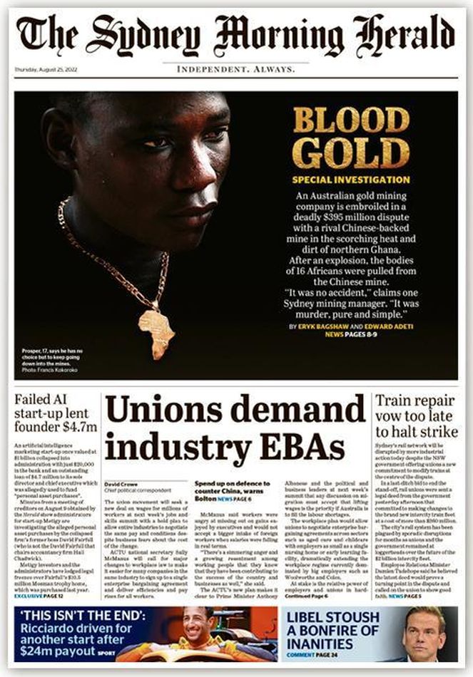 🇦🇺 Blood Gold

▫In Africa’s gold country an Australian mining firm is embroiled in a bitter and deadly $395 million dispute
▫<a href="/ErykBagshaw/">Eryk Bagshaw</a>
 &amp; Edward Adeti▫is.gd/azYfEW 🇦🇺

<a href="/smh/">The Sydney Morning Herald</a> #frontpagestoday #Australia 🗞