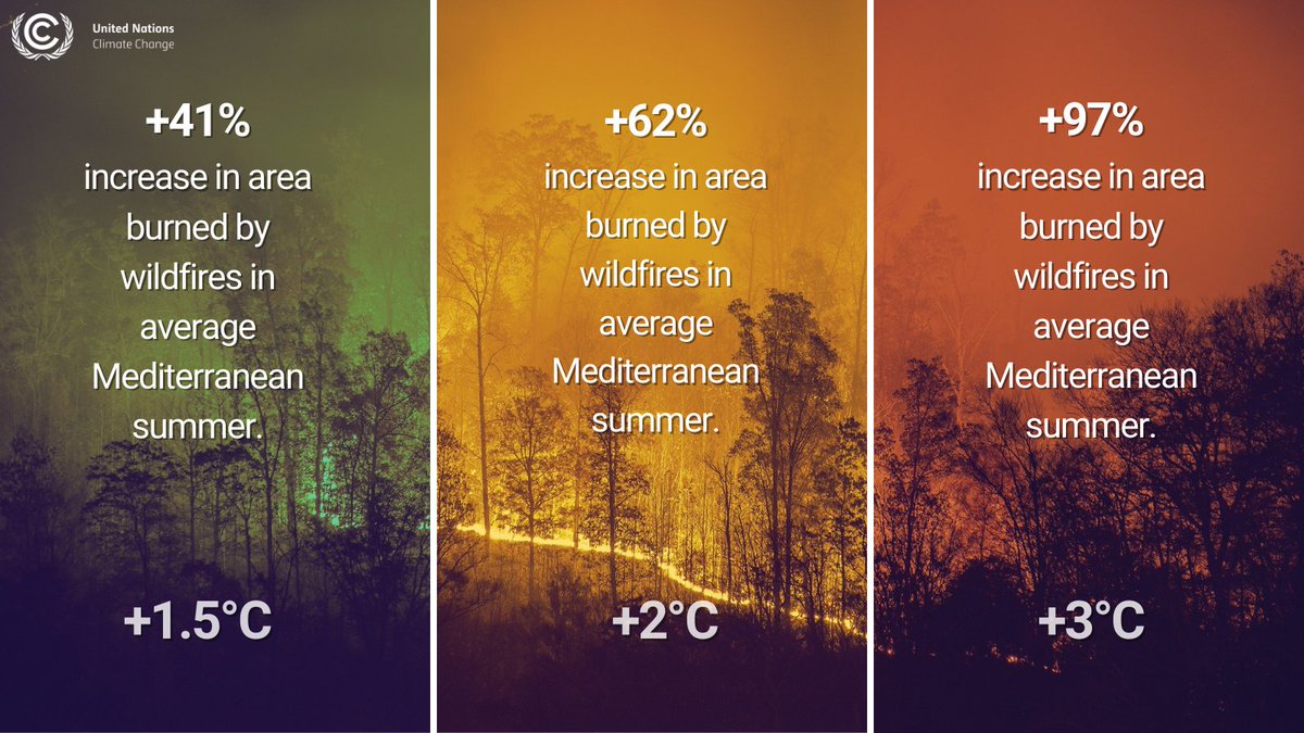 UN's tweet photo. The difference between 1.5°C &amp; 3°C global warming means vastly different scenarios for our future.

The risk of wildfires, frequency of disasters &amp; more hinge on these few degrees.

Limiting temperature rise is still possible if we #ActNow. https://t.co/X0ShwftNUV via @unfccc https://t.co/YdAPn7Og9M