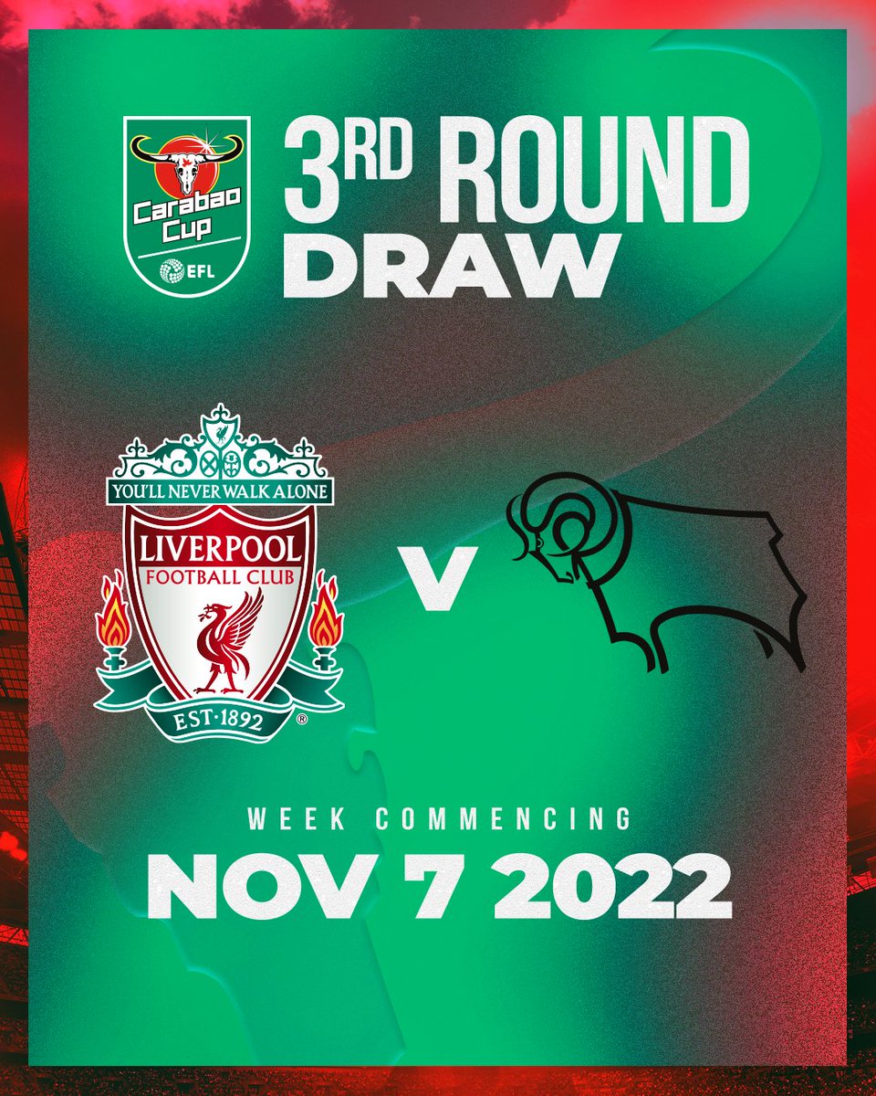 LFC's tweet photo. We will host Derby County in the Carabao Cup third round! 🏆 https://t.co/z0wJDr9gyS