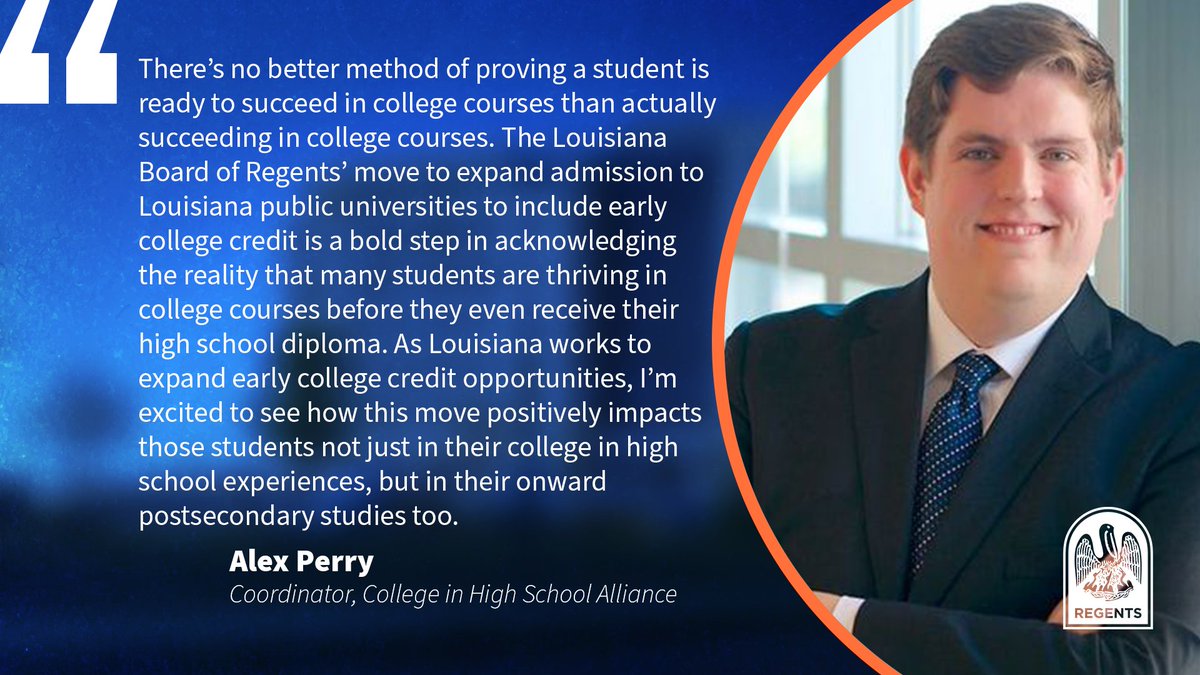 LA_Regents's tweet photo. National higher education leaders fully support Louisiana’s expanded admissions policy and how its recognizes early college credit.
 
#LaProspers https://t.co/jg3bGMU2nB