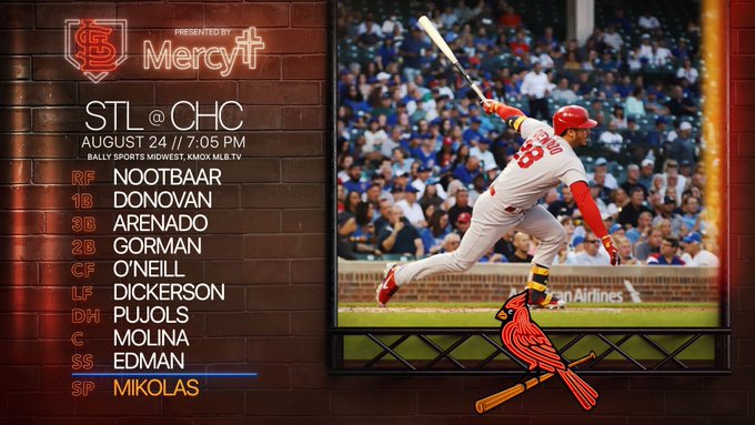 Today’s lineup verses the Cubs Right Field Lars Nootbaar 1st Base Brendan Donovan 3rd Base Nolan Arenado 2nd Base Nolan Gorman Center Field Tyler O'Neill Left Field Corey Dickerson Designated Hitter Albert Pujols Catcher Yadier Molina Center Field Tommy Edman Starting Pitcher Miles Mikolas