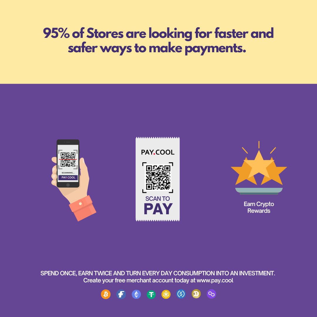 Pay_dot_Cool's tweet photo. Did you know that 95% of stores are looking for faster and safer ways to make payments?
With @Pay_dot_Cool, merchants can always make fast and instant payment under seconds.
What's even better? You can earn #cryptos on every transaction!
#PayCool #Crypto #PayWithCryptos https://t.co/LIEZi3vNVm