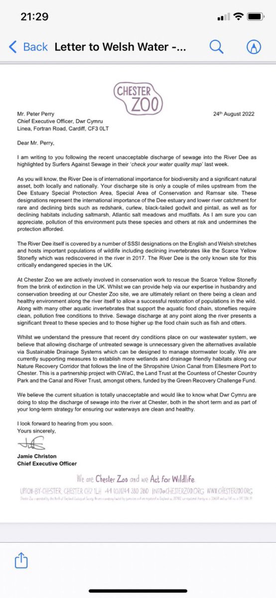 Open letter from CEO <a href="/chesterzoo/">Chester Zoo</a> to <a href="/DwrCymru/">Welsh Water</a> CEO about the recent discharging of raw sewage into Chester’s River Dee and it’s potential disastrous affect upon local wildlife! Excellent by CZ as always.