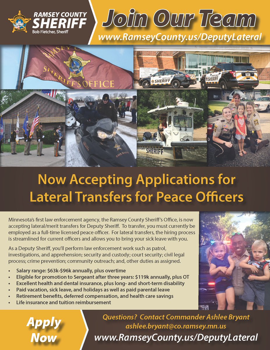 We're now accepting applications for lateral (merit-based) transfers for peace officer. There are many advantages to being a lateral transfer beyond just putting your experience to work sooner. Find out more at RamseyCounty.us/DeputyLateral.