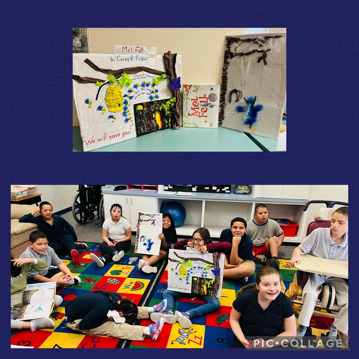 WClarkeLibrary's tweet photo. Storytime is always a joy with Ms. Garcia's students.  Look at their spectacular creative response to my reading of "Mel Fell" by Corey R. Tabor.  It is such a beautiful story 📖 Way to go Cowboys! #sisd_reads 
@WEClarke_MS @ngarci30 https://t.co/7o2Lbfo4Zj
