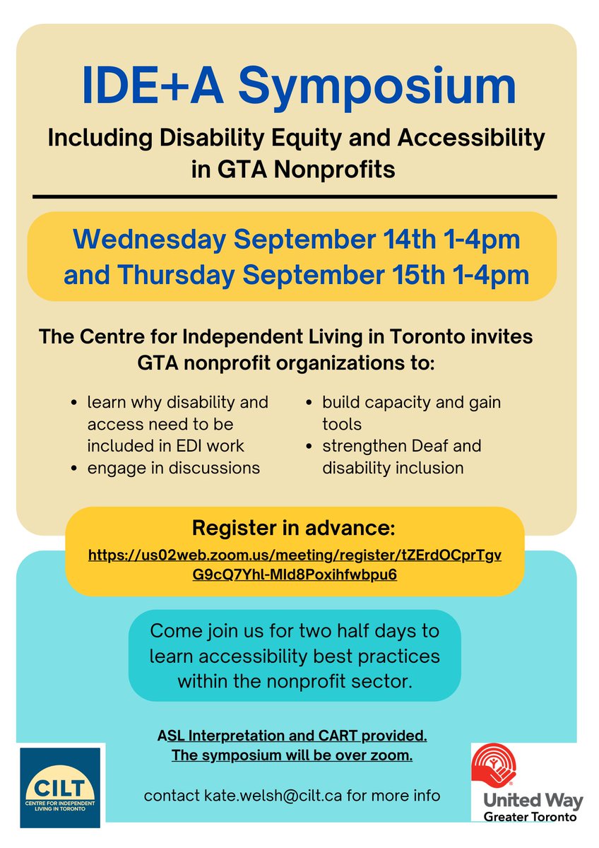 CIL_Toronto's tweet photo. We’re thrilled to invite GTA non-profit orgs/leaders to our 'IDE+A Symposium' September 14 &amp; 15, 1pm-4pm. With panels and conversations we'll explore key values and tools for embedding disability justice practices in DEI and organizational work! Register https://t.co/BtHiO1wlTf https://t.co/gGLACP1nL0
