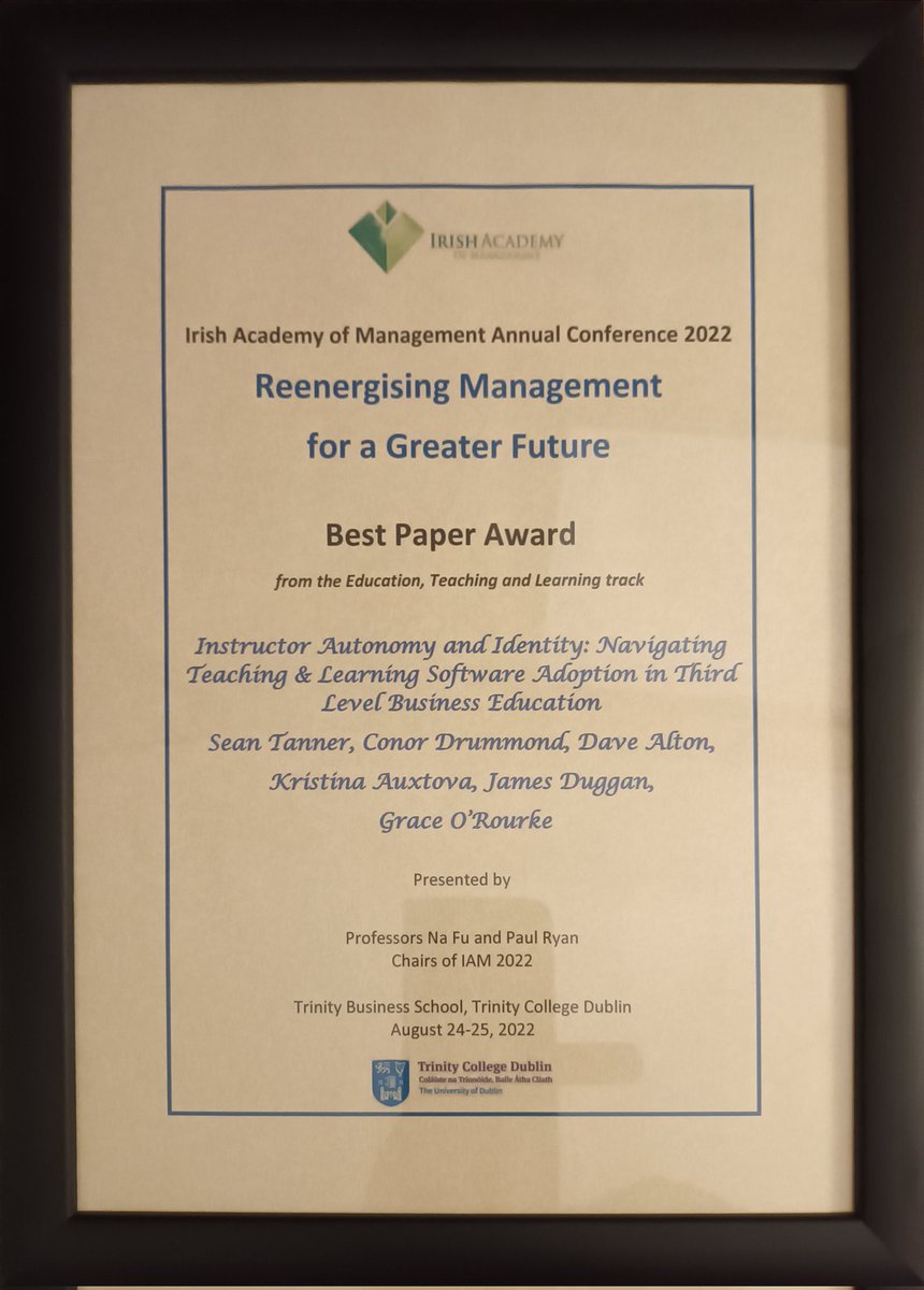 Delighted to receive best paper award in the Education, Teaching and Learning track at #IAM2022 along with co-authors <a href="/ConorDrummond4/">Conor Drummond</a> <a href="/Dave_Alton/">Dave Alton</a> <a href="/KristinaAuxtova/">Dr Kristina Auxtova</a> <a href="/JamesDuggan01/">James Duggan</a> and @graceorourke91