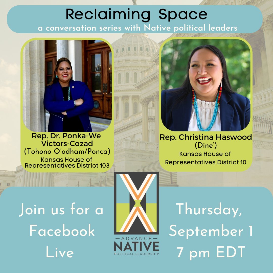 advancenativepl's tweet photo. Come learn how this powerhouse duo is changing Kansas politics and breaking down barriers for Natives in elected office countrywide.

RSVP at: Below

#ReclaimingSpace #BuildNativePower #NativeVote
#IndigenousWomenRise https://t.co/aWrleBHhRx
