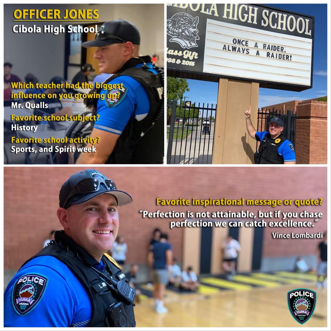 yumapolice1's tweet photo. MEET CIBOLA HIGH SCHOOL'S SRO!
Officer Jones is a 9 year officer with #YumaPD and is the School Resource Officer at Cibola High School. Home of the Raiders. Once a Raider, always a Raider! https://t.co/G0i8hnGnKX
