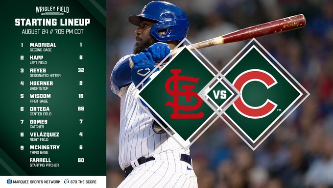 Cubs vs. Cardinals, 7:05 p.m. CDT on Marquee Sports Network and 670 The Score.
Madrigal leads off at second base,
Happ in left field,
Reyes the DH,
Hoerner at shorstop,
Wisdom at first base,
Ortega in center field,
Gomes catching,
Velazquez in right field,
McKinstry at third base,
Luke Farrell makes the start.
Have a great night!