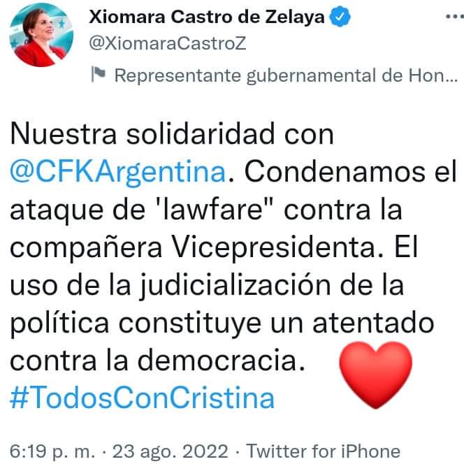 2020Stellamaris's tweet photo. #XiomaraCastro #Representante #gubernamental de #Honduras: #Nuestra #solidaridad con #CFKArgentina. #Condenamos el #ataque de #Lawfare contra la #compañera #VicePresidenta. El #uso de la #judicialización de la #política #constituye un #atentado #contra la #Democracia. https://t.co/oQ096X0rE9
