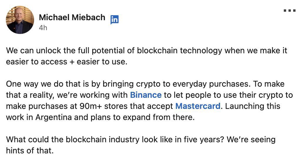 jollygreenmoney's tweet photo. This is huge 🤯

Mastercard is partnering with Binance to allow people to use their crypto to buy things at over 90 million stores.

They’re rolling this out in Argentina 🇦🇷 and then expanding from there.

Crypto is coming and you can’t stop it. https://t.co/lspUWl5oSu